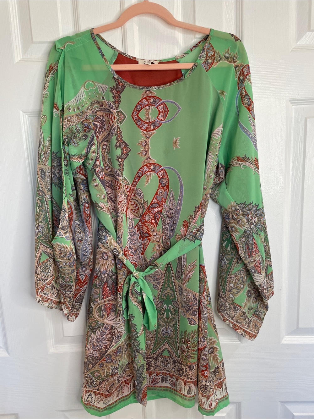 UMGEE GREEN PAISLEY LONG SLEEVE BELTED SHIFT DATE NIGHT VACATION DRESS SZ M - Picture 11 of 14